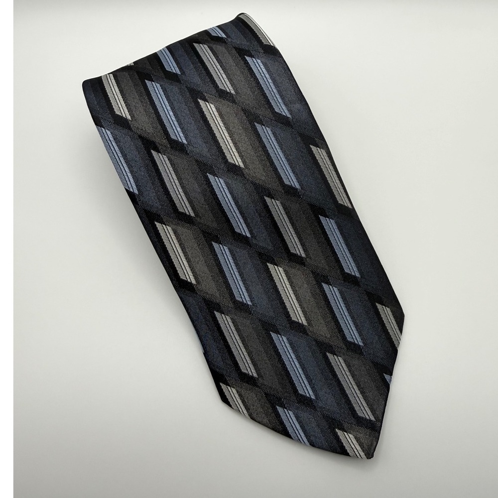 Paul Dione Silk Tie OS Grey Blue Geometric Diamond Striped Professional Classic